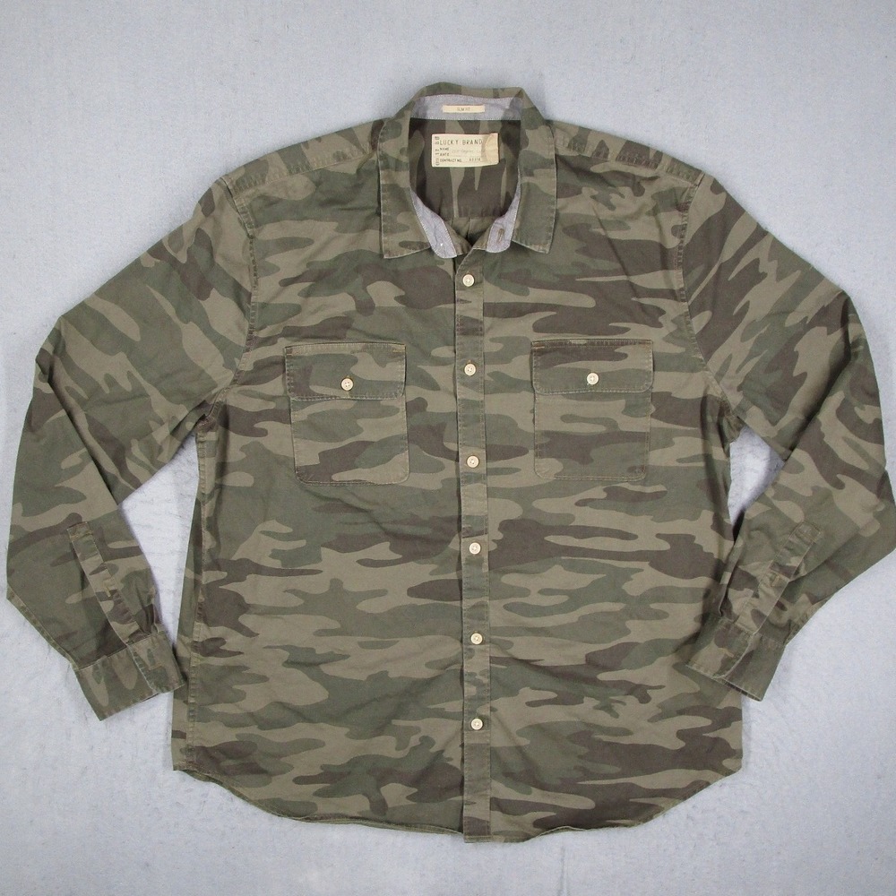 Lucky Brand Mens XXL Slim Fit Camo Button Down Shirt Long Sleeve Green 80318